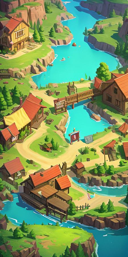 13916-762222474-Concept art, top-down terrain, game scenes, scenery, sign, water, outdoors, stairs, house, tree, building, chimney, door, bridge.png